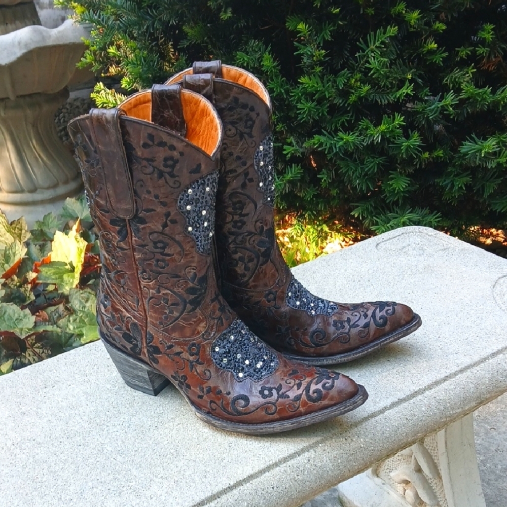 Old Gringo Calaca Brown Leather Black Embroidery, Swarovski Crystal Sz 9.5